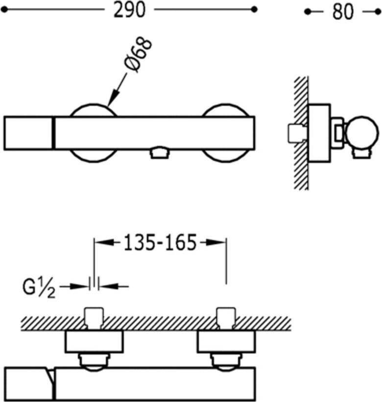 Tres Douchekraan Study | Opbouw | Mengkraan | 1-weg | hoh 15 cm | 1-knop | Rond | Rvs look