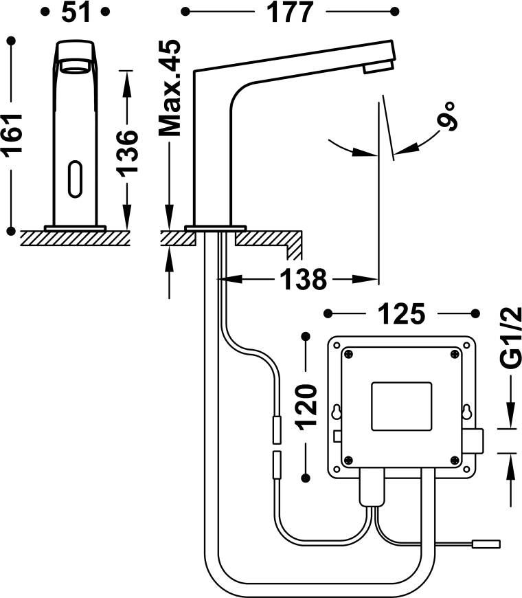 Tres Wastafelkraan Electronic | Opbouw | Koudwater kraan | Standaard model | Infrarood sensor | Vierkant | RVS