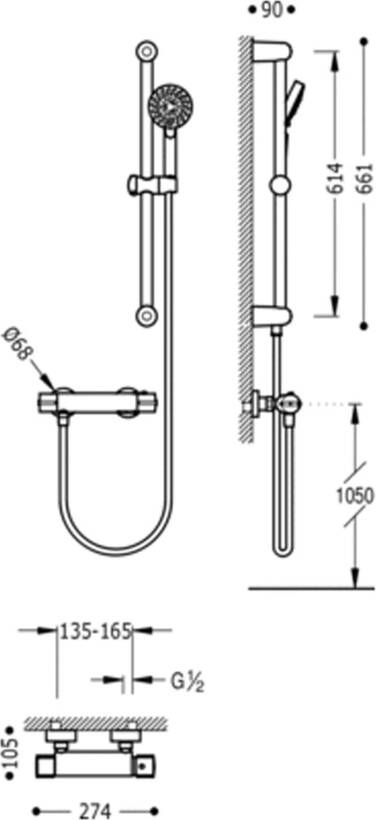 Tres Mostatic douche thermostaatkraan met glijstang set 15 cm opbouw rond chroom