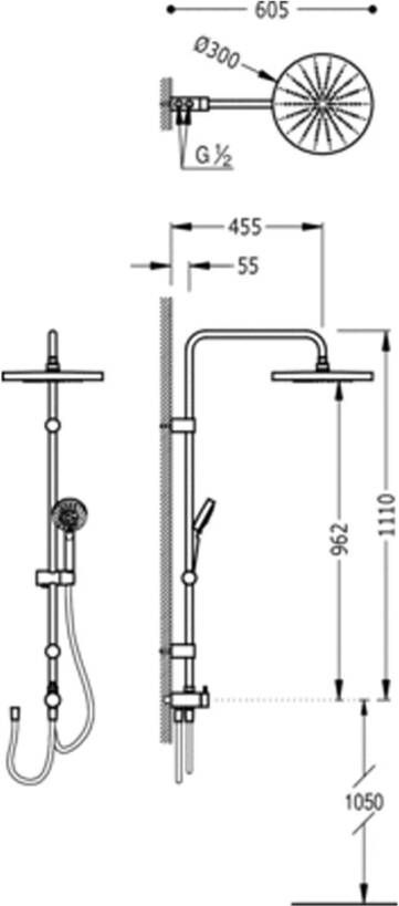 Tres Selection glijstang set met regendouche 111 cm rond chroom