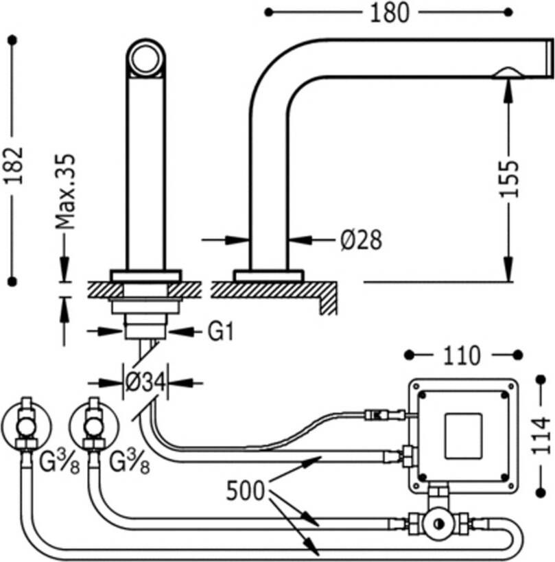 Tres Wastafelkraan Tronic | Opbouw | Mengkraan | Standaard model | Drukknop | Rond | Chroom