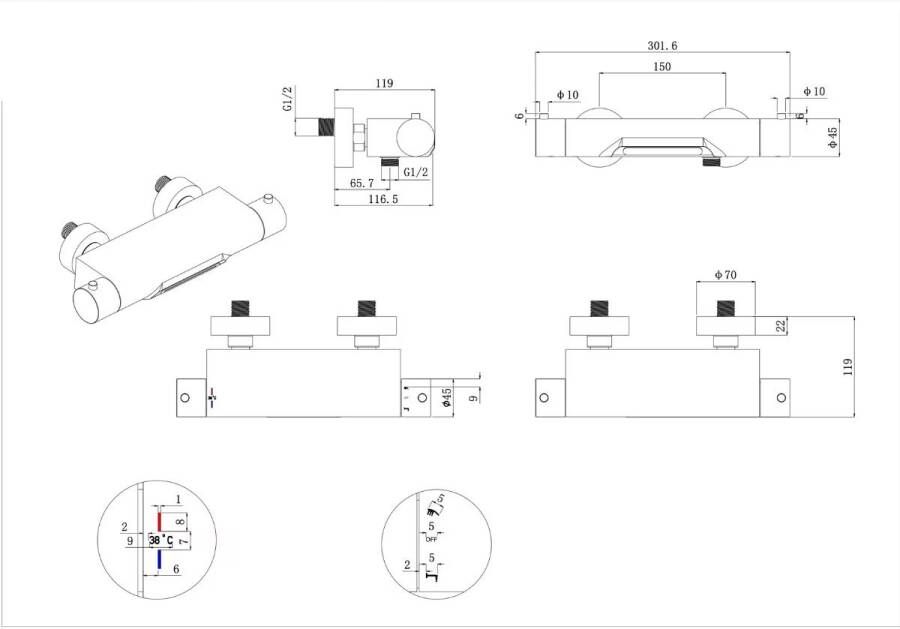 Wiesbaden Badkraan Style | Opbouw | Niet draaibaar | Thermostaatkraan | Waterval uitloop | 2-weg | 2-knops | Rond | Gunmetal