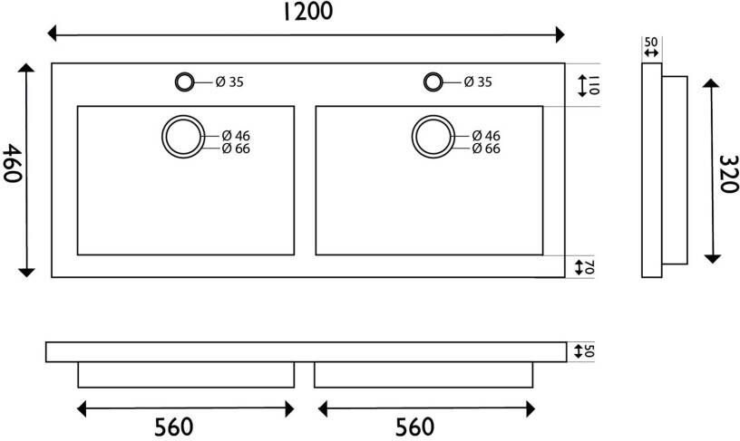 Wiesbaden Bstone dubbele wastafel 120x45x5 cm 2 kraangaten natuursteen zwart