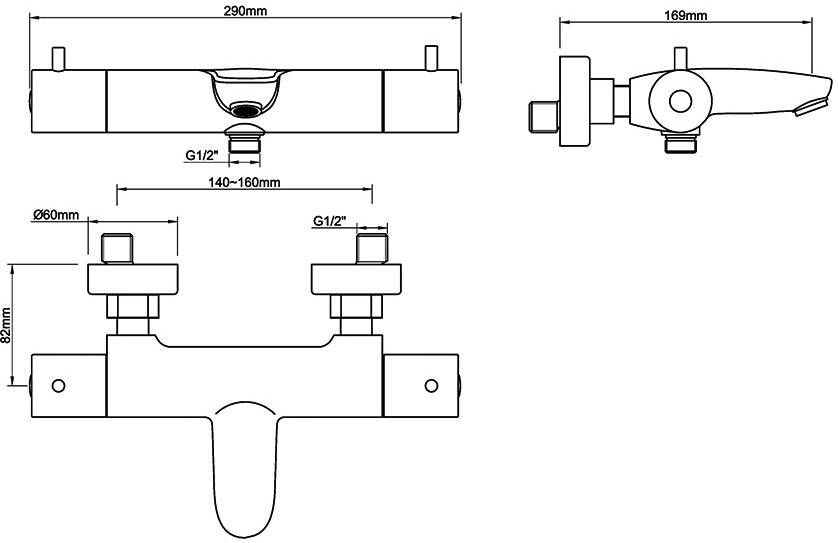 Wiesbaden Badkraan Caral | Opbouw | Thermostaatkraan | 2-weg | hoh 15 cm | 2-knops | Rond | Gunmetal