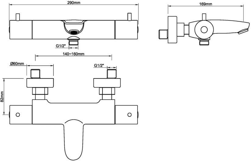 Wiesbaden Badkraan Caral | Opbouw | Thermostaatkraan | 2-weg | hoh 15 cm | 2-knops | Rond | RVS look