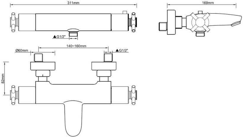 Wiesbaden Badkraan Cross | Opbouw | Thermostaatkraan | 2-weg | hoh 15 cm | 2-knops | Rond | Chroom