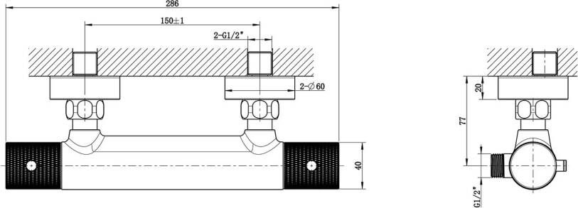 Wiesbaden Douchekraan Ribbd | Opbouw | Thermostaatkraan | 1-weg | hoh 15 cm | 2-knops | Rond | Geborsteld staal