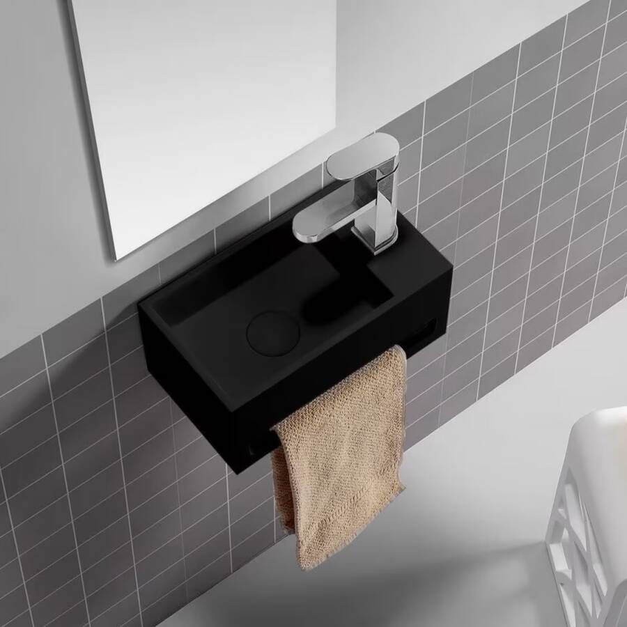 Wiesbaden Fontein Solid | 36x20x16 cm | Solid Surface | Links montage | 1 kraangat | Rechthoek | Zwart mat