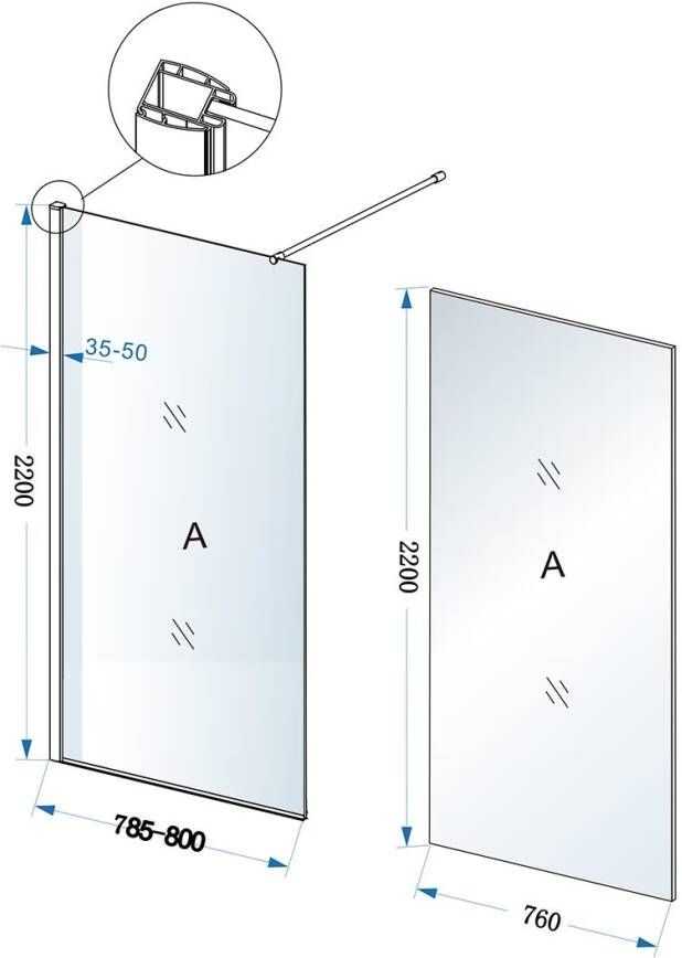 Wiesbaden Inloopdouche Eco | 80x220x0.8 cm | Helder glas | Chroom beslag