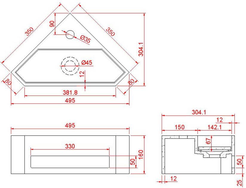 Wiesbaden Fontein Julia | 35x35x16 cm | Solid surface | Hoek | 1 kraangat | Driehoek | Zwart mat