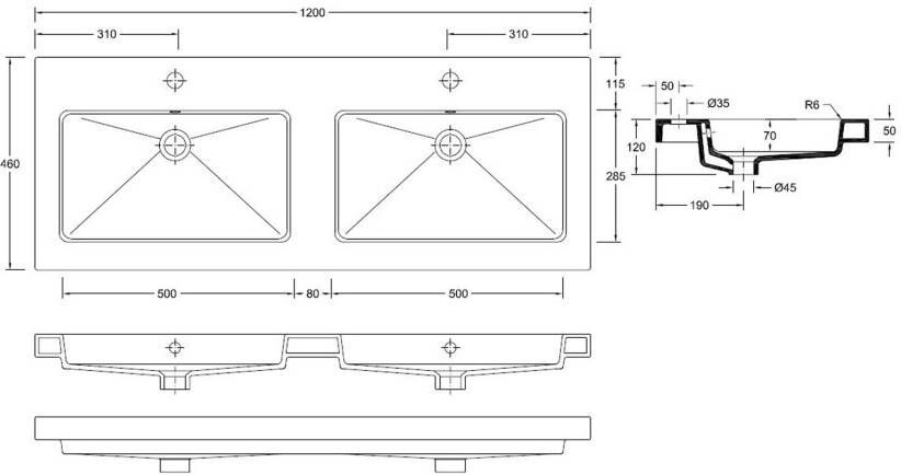 Wiesbaden Kera dubbele wastafel 120x46x5 cm 2 kraangaten keramiek wit