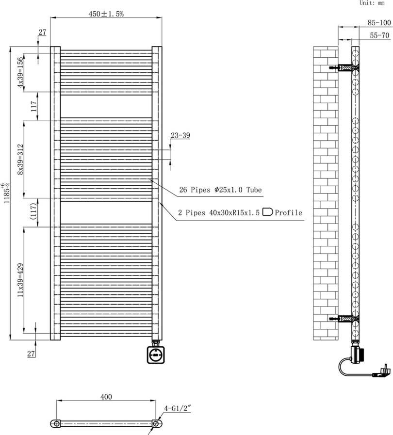 Wiesbaden Radiator Elara | 118.5x45 cm | Elektrisch | Smart Wifi | 700 Watt | Gunmetal