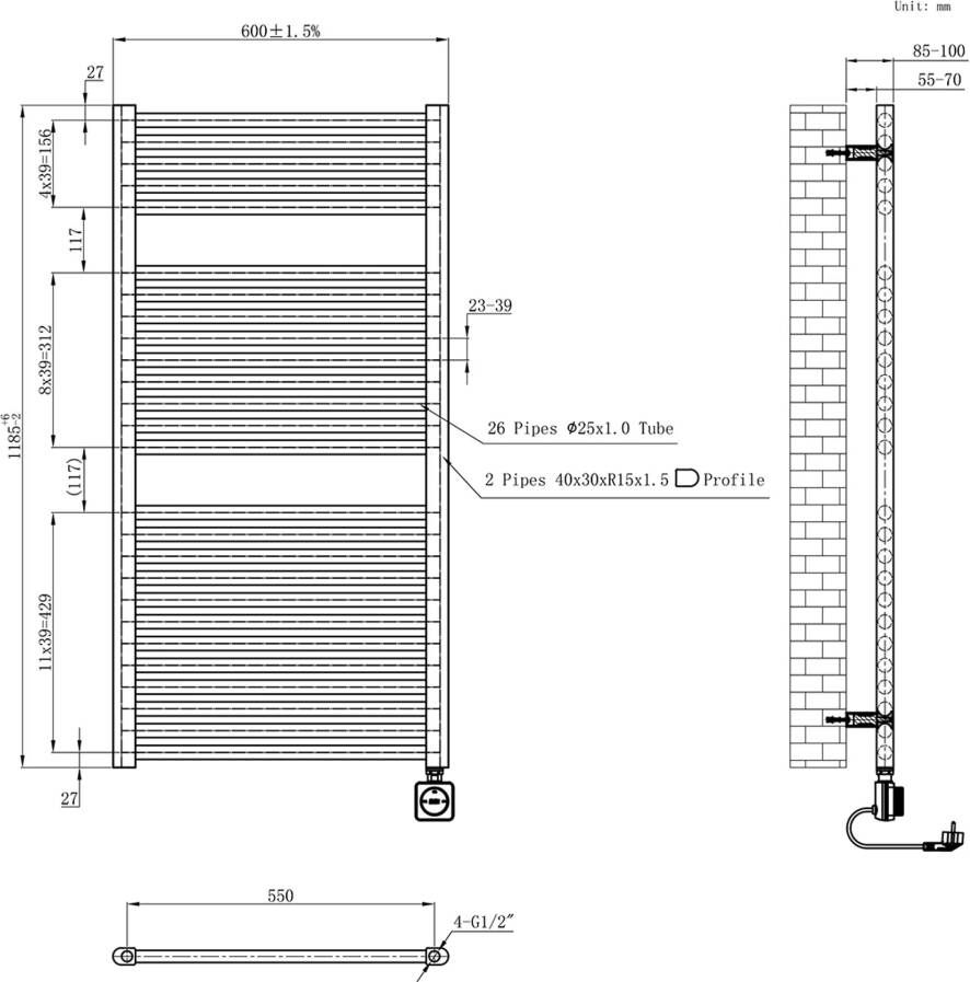 Wiesbaden Radiator Elara | 118.5x60 cm | Elektrisch | Smart Wifi | 700 Watt | Gunmetal