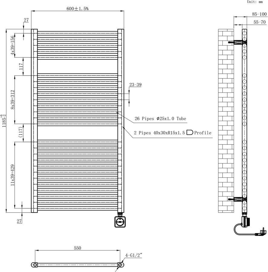 Wiesbaden Radiator Elara | 118.5x60 cm | Elektrisch | Smart Wifi | 700 Watt | Zwart mat