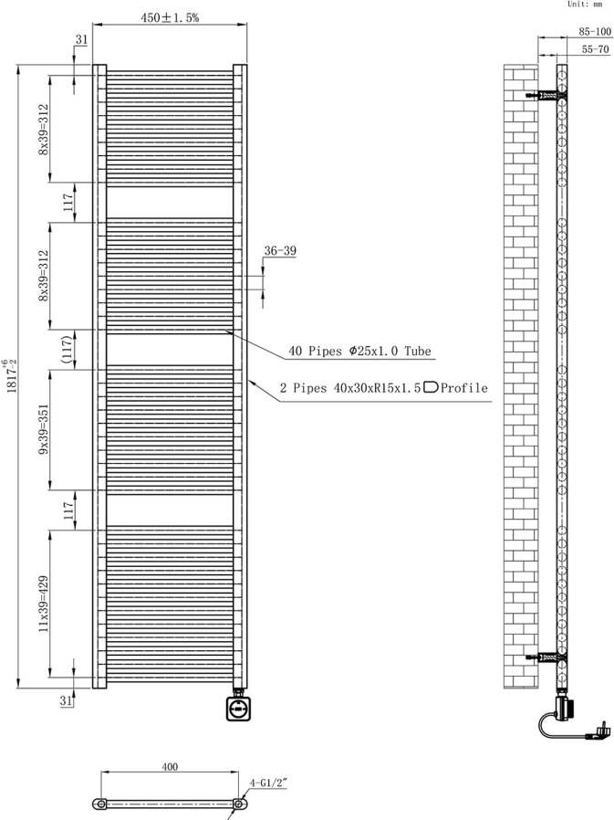 Wiesbaden Radiator Elara | 181.7x45 cm | Elektrisch | Smart Wifi | 1000 Watt | Gunmetal