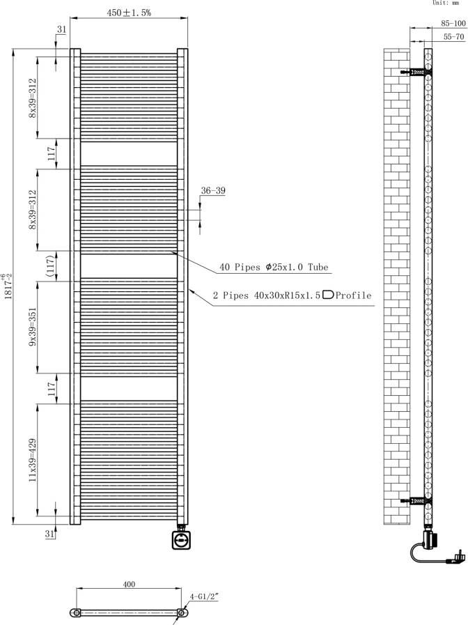 Wiesbaden Radiator Elara | 181.7x45 cm | Elektrisch | Smart Wifi | 1000 Watt | Zwart mat