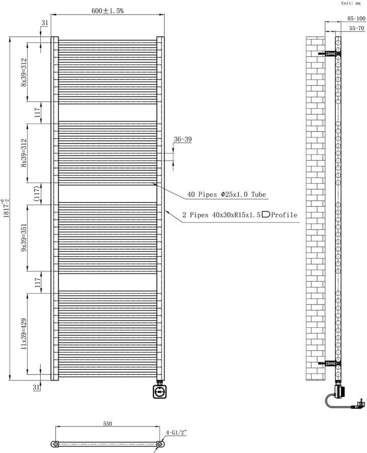 Wiesbaden Radiator Elara | 181.7x60 cm | Elektrisch | Smart Wifi | 1000 Watt | Gunmetal