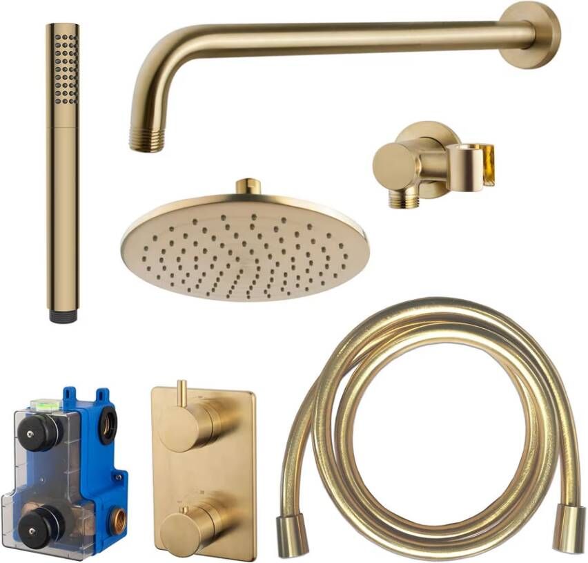 Wiesbaden Regendouche set Caral | Inbouw | 25 cm | Thermostaatkraan | Incl.Inbouwdeel | 2-weg | Rond | Geborsteld messing