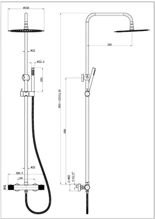 Wiesbaden Regendouche set Ribbd | Opbouw | Thermostaatkraan | 2-weg | hoh 15 cm | 2-hendel | Rond | Geborsteld staal