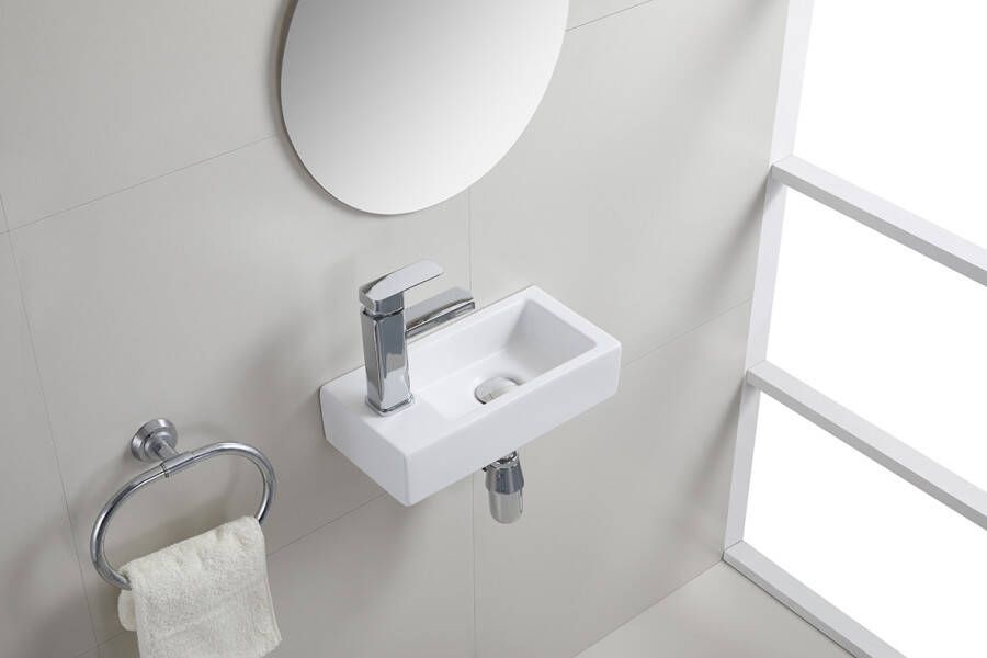 Wiesbaden Fontein Rhea mini | 36x18x9 cm | Keramiek | Links montage | 1 kraangat | Rechthoek | Wit mat