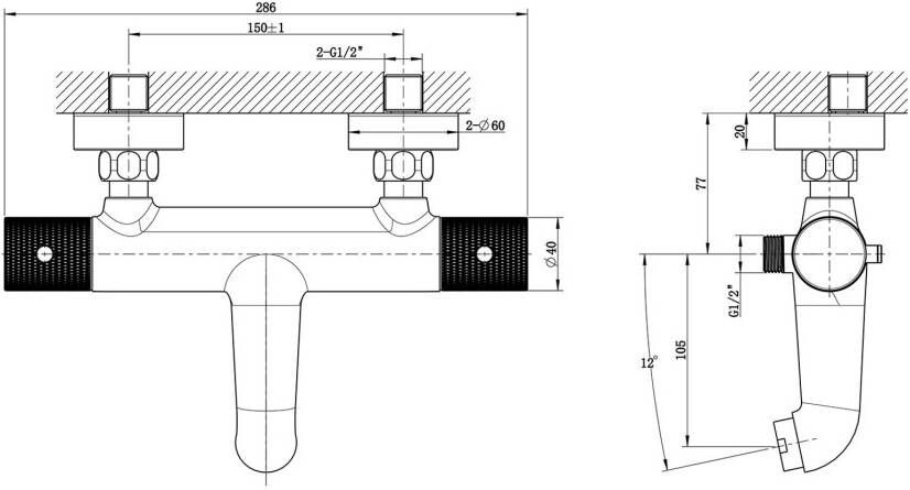 Wiesbaden Badkraan Ribbd | Opbouw | Thermostaatkraan | 2-weg | hoh 15 cm | 2-knops | Rond | Chroom