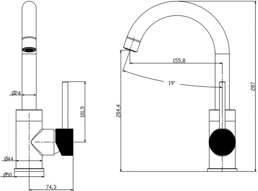 Wiesbaden Wastafelkraan Ribbd | Opbouw | Draaibare uitloop | Mengkraan | Hoog model | 1-hendel | Rond | Zwart mat