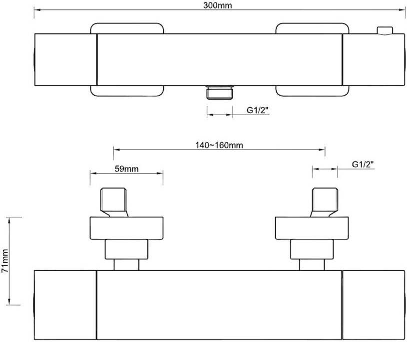 Wiesbaden Douchekraan Rombo | Opbouw | Thermostaatkraan | 1-weg | hoh 15 cm | 2-knops | Vierkant | Chroom