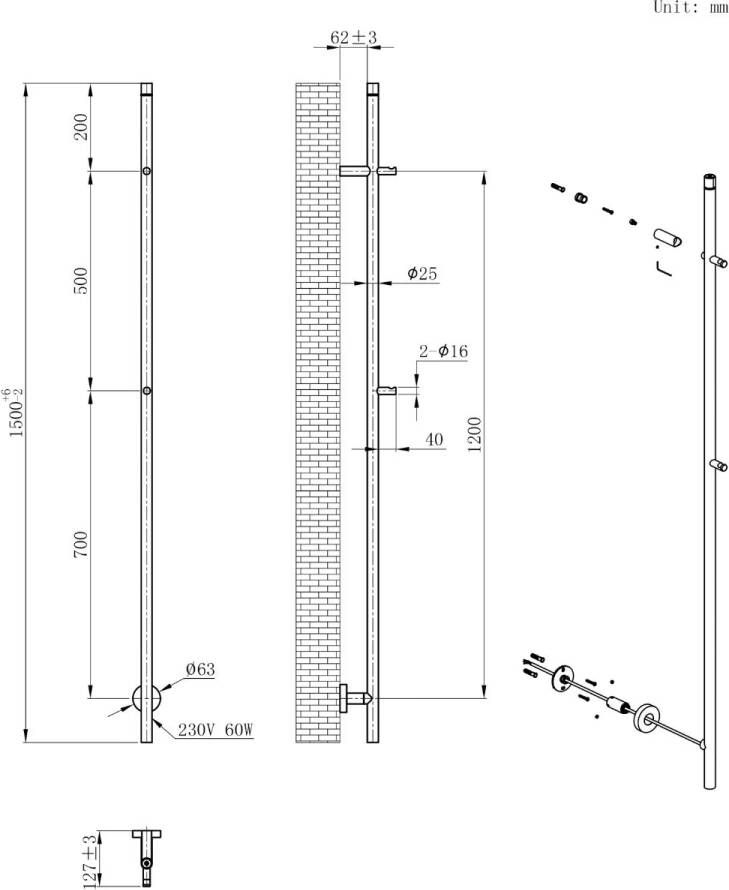 Wiesbaden Staafhanddoekradiator Callista | 150x6.3 cm | Elektrisch | 60 watt | Mat zwart