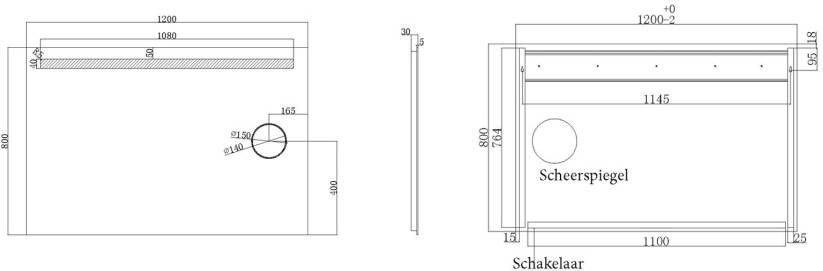 Wiesbaden Badkamerspiegel met scheerspiegel Tigris | 120x80 cm | Rechthoekig | Directe LED verlichting | Drukschakelaar