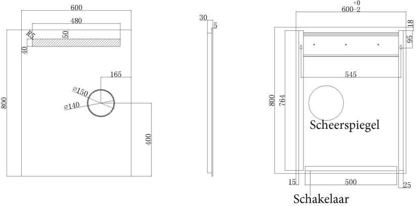 Wiesbaden Badkamerspiegel met scheerspiegel Tigris | 60x80 cm | Rechthoekig | Directe LED verlichting | Drukschakelaar