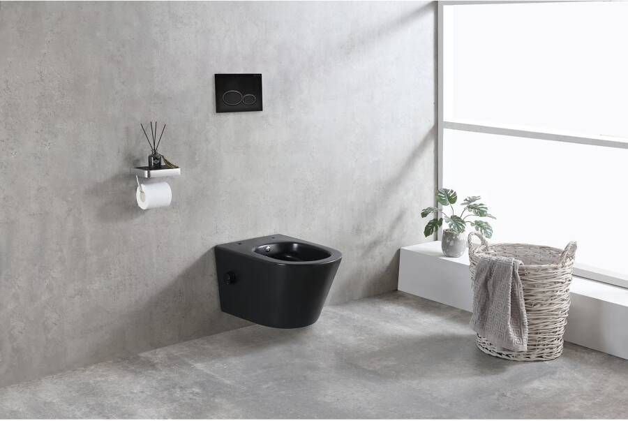 Wiesbaden Wandcloset Vesta | 52 cm | Rimless | Bidet functie-koud water | Excl.Toiletzitting | Keramiek | Mat zwart