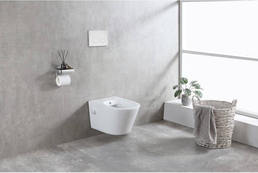 Wiesbaden Wandcloset Vesta | 52 cm | Rimless | Bidet functie-warm en koud water | Excl.Toiletzitting | Keramiek | Glans wit