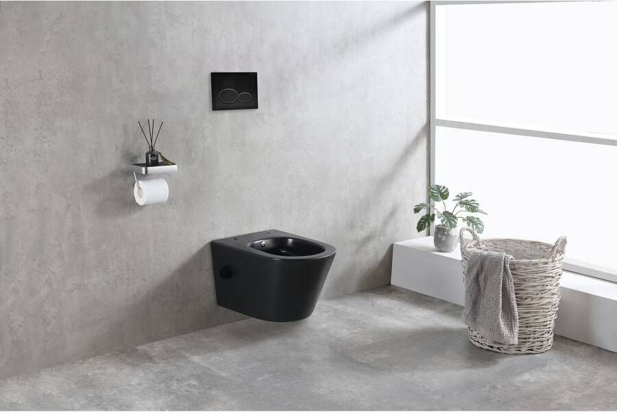 Wiesbaden Wandcloset Vesta | 52 cm | Rimless | Bidet functie-warm en koud water | Excl.Toiletzitting | Keramiek | Mat zwart