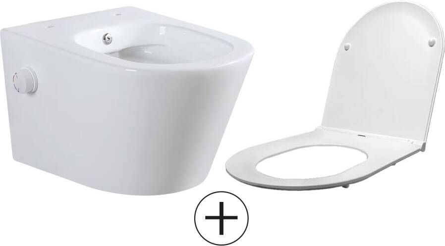 Wiesbaden Wandcloset Vesta | 52 cm | Rimless | Bidet functie-warm en koud water | Incl.Toiletzitting | Keramiek | Glans wit