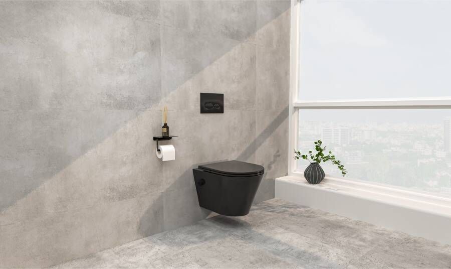 Wiesbaden Wandcloset Vesta | 52 cm | Rimless | Bidet functie-warm en koud water | Incl.Toiletzitting | Keramiek | Mat zwart