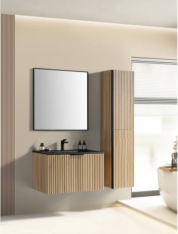 Xellanz Badmeubelset Ribbella | 80 | Meubelkleur Natuur Eiken | Incl.Spiegel | Wastafelkleur Zwart mat | Midden spoelbak | 1 kraangat