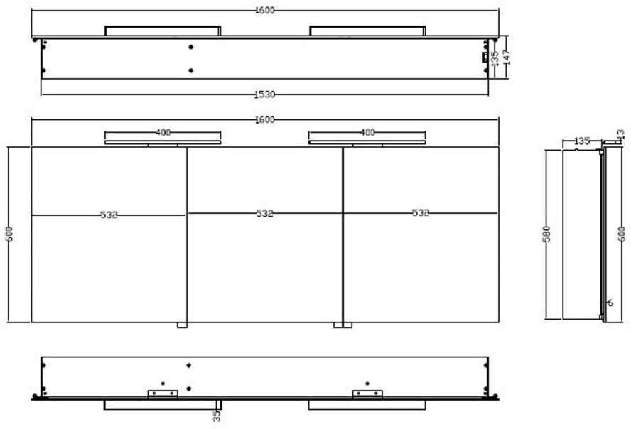 Xellanz Spiegelkast Bright | 160x60 cm | 3 Deuren | Directe LED verlichting | Aluminium