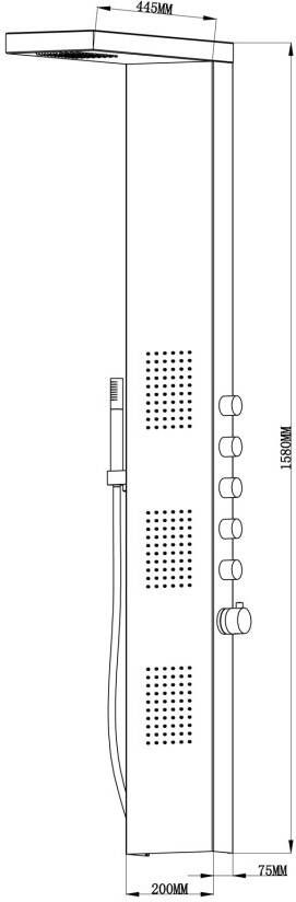 Xellanz Douchepaneel Ohio | Opbouw | 158x20 cm | Thermostaatkraan | 6-knops | Vierkant | Rvs