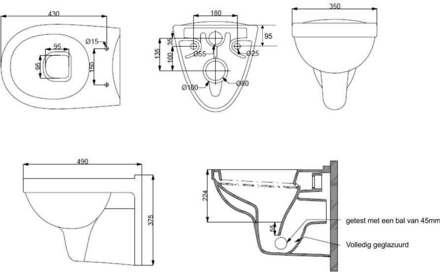 Xellanz Wandcloset Trevi | 49 cm | Met spoelrand | Incl.Toiletbril | Keramiek | Wit glans
