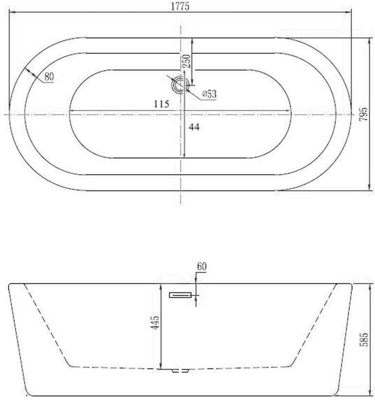 Xellanz Vrijstaand bad Nero | 178x80 cm | Incl.Afvoer-Wit | Sleuf overloop | Acryl | Ovaal | Zwart wit
