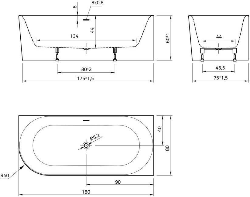 Xenz Half-vrijstaand bad Fay | 180x80 cm | Rechts | Incl.Badafvoer-Wit mat | Sleuf overloop | Acryl | Rechthoekig | Wit mat