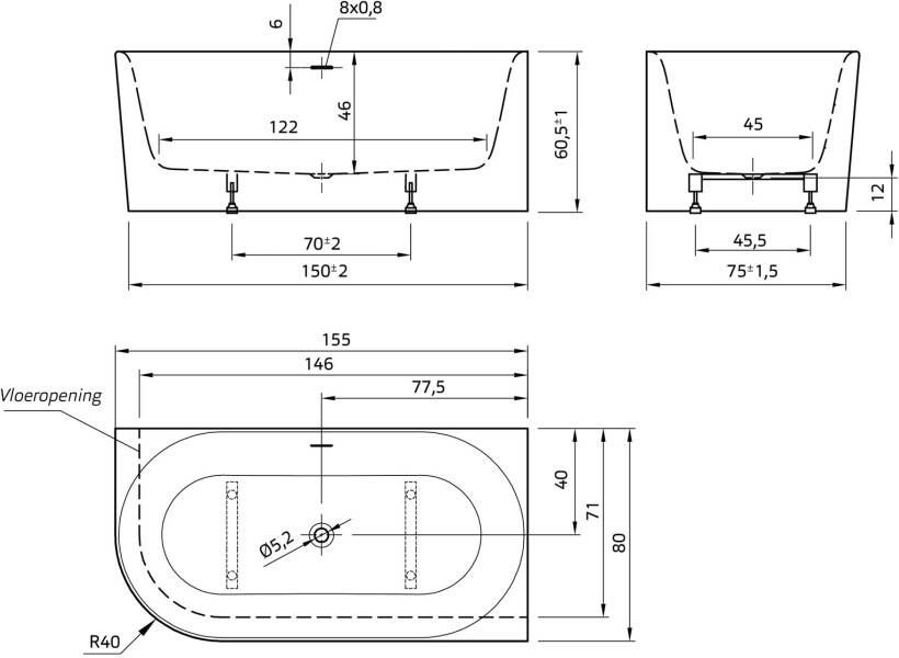 Xenz Half-vrijstaand bad Fay XS | 155x80 cm | Rechts | Incl.Badafvoer-Zwart mat | Sleuf overloop | Acryl | Rechthoekig | Wit mat