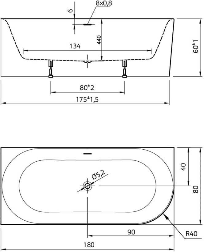 Xenz Half-vrijstaand bad Fay | 180x80 cm | Links | Incl.Badafvoer-Zwart mat | Sleuf overloop | Acryl | Rechthoekig | Wit glans