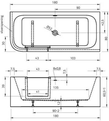 Xenz Inloop douchebad Go! | Rechts | 180x80 cm | Acryl | Incl. waterval vulcombi | Glans wit