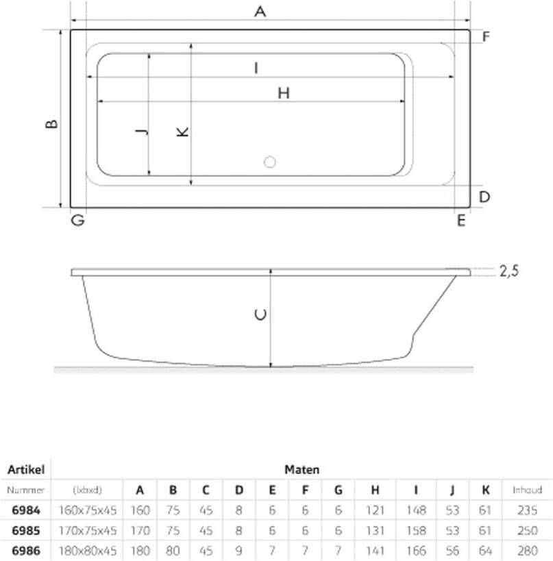 Xenz Whirlpool bad Kristal | 180x80 cm | Acryl | Pneumatisch | Waterjetsysteem | Wit glans