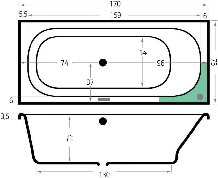 Xenz Ligbad Aruba | Inbouw | 170x75 cm | Incl.Badafvoer | Met overloop | Acryl | Zwart mat
