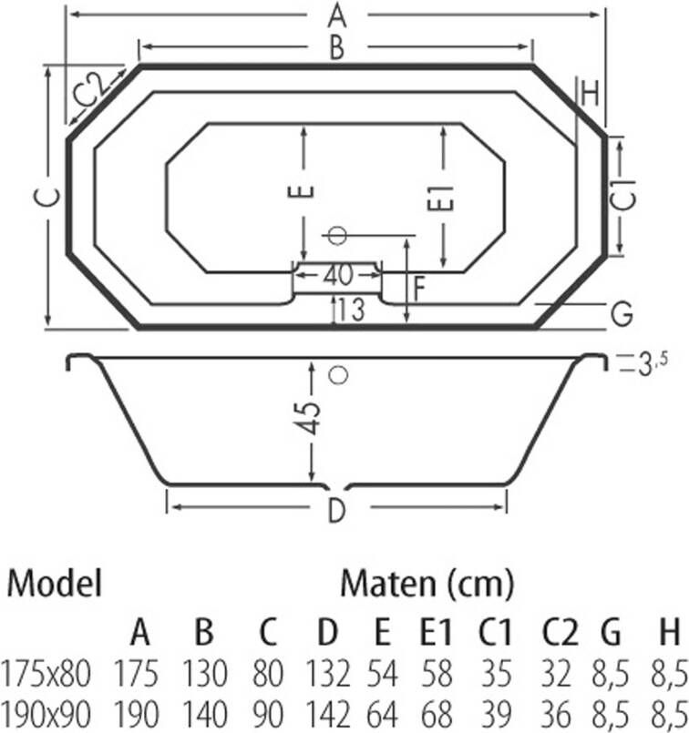 Xenz Sumba inbouw bad 175x80 cm wit