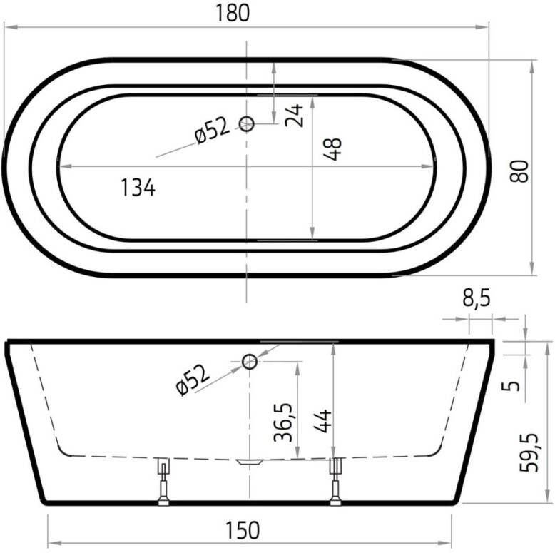 Xenz Vrijstaand bad Luca | 180x80 | Incl.Badafvoer-Wit mat | Sleuf overloop | Ovaal | Wit mat