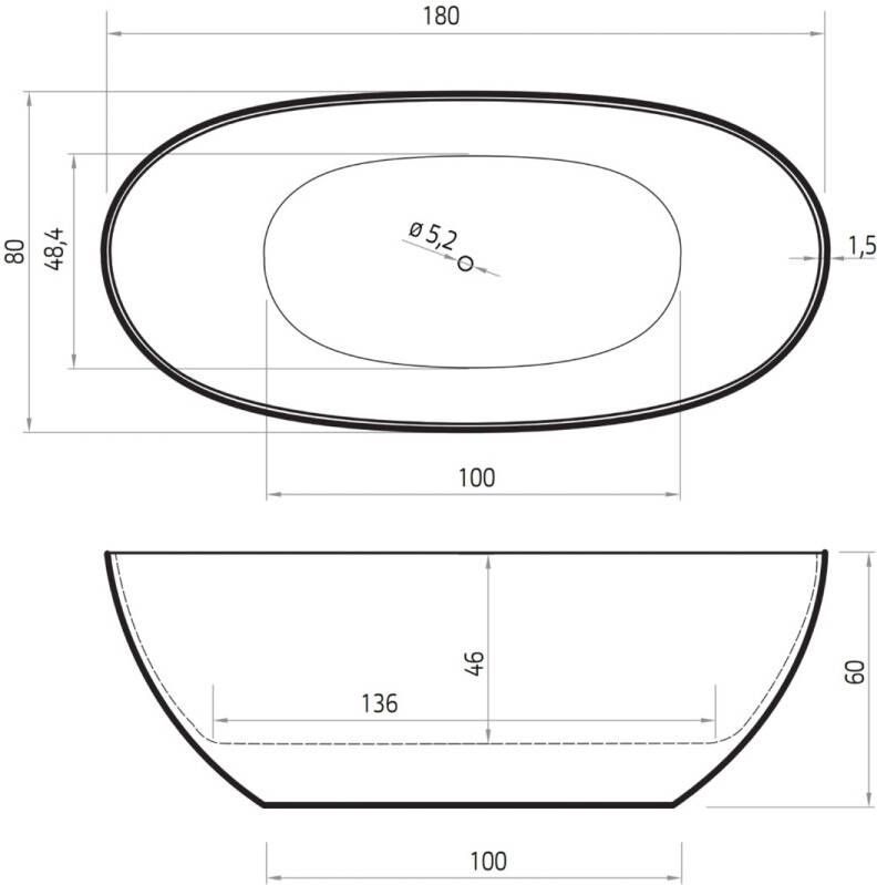 Xenz Vrijstaand bad Michelle | 180x80 cm | Incl.Badafvoer-Chroom | Solid surface | Ovaal | Cement mat