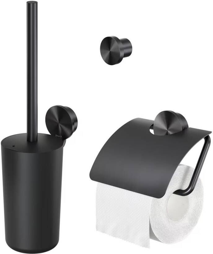 Geesa Toiletaccessorieset Opal | Toiletborstel met houder Toiletrolhouder met klep Handdoekhaak | Zwart metaal geborsteld